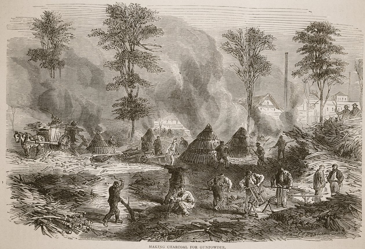 Fremstilling af trækul til krudt, illustration fra Cassells historie om krigen mellem Frankrig og Tyskland, 1870-1871 af French School