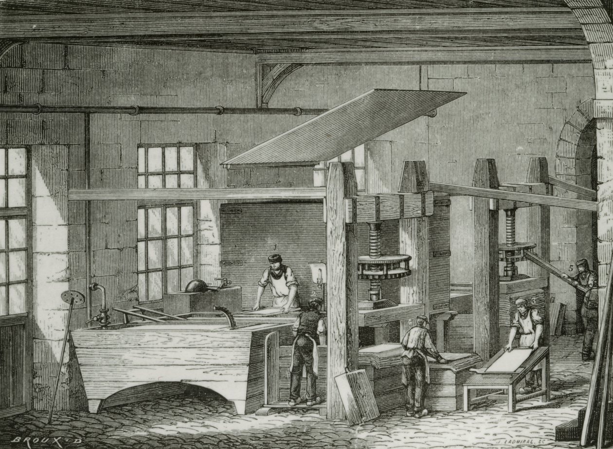 Fremstilling af papir i hånden ved at sigte papirmasse i forme. Gravering c1870. af French School