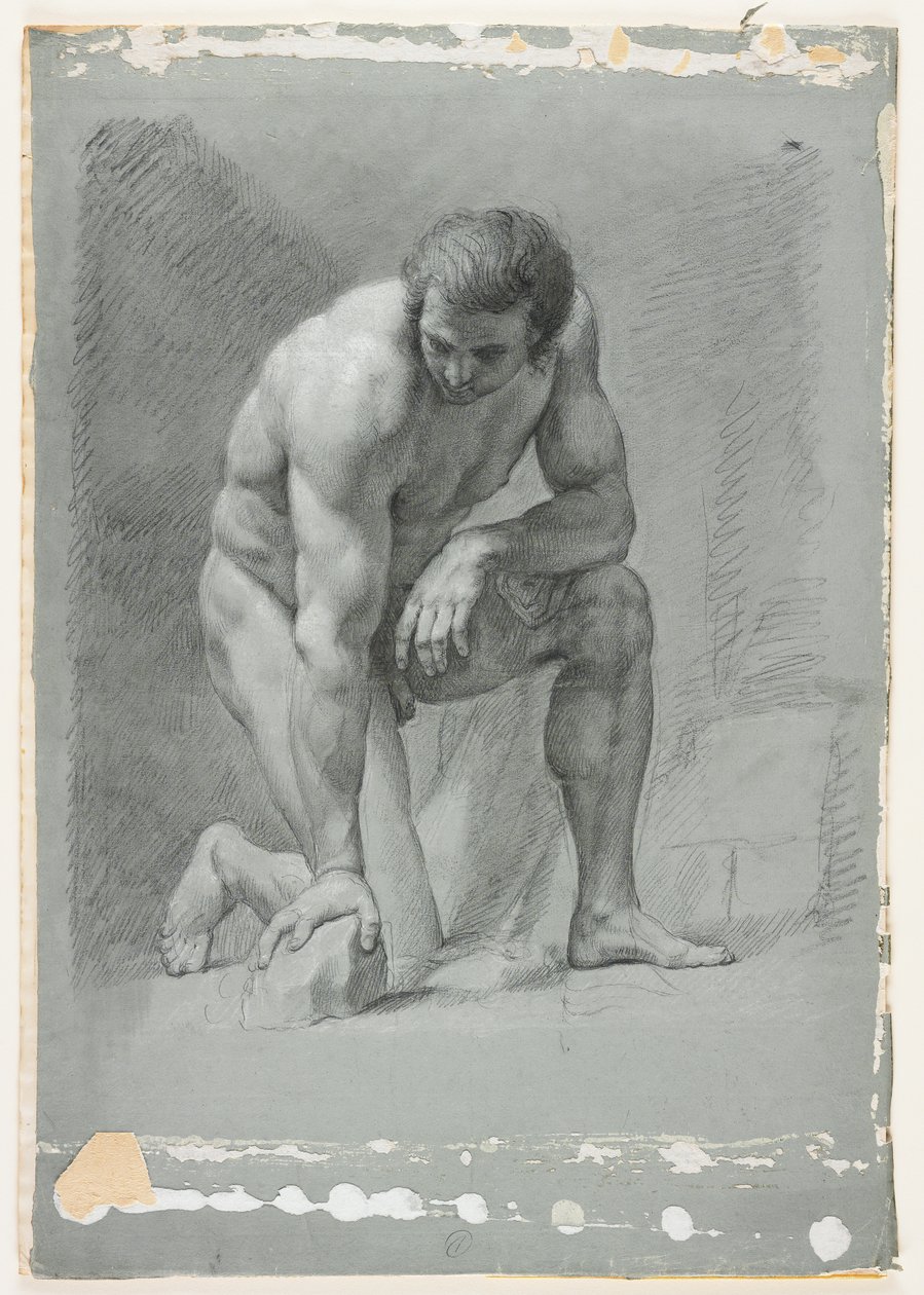 Male Academy, Knælende, Leaning Forward on a Rock, slutningen af 1700-tallet (sort kridt med hvid forhøjning) af French School
