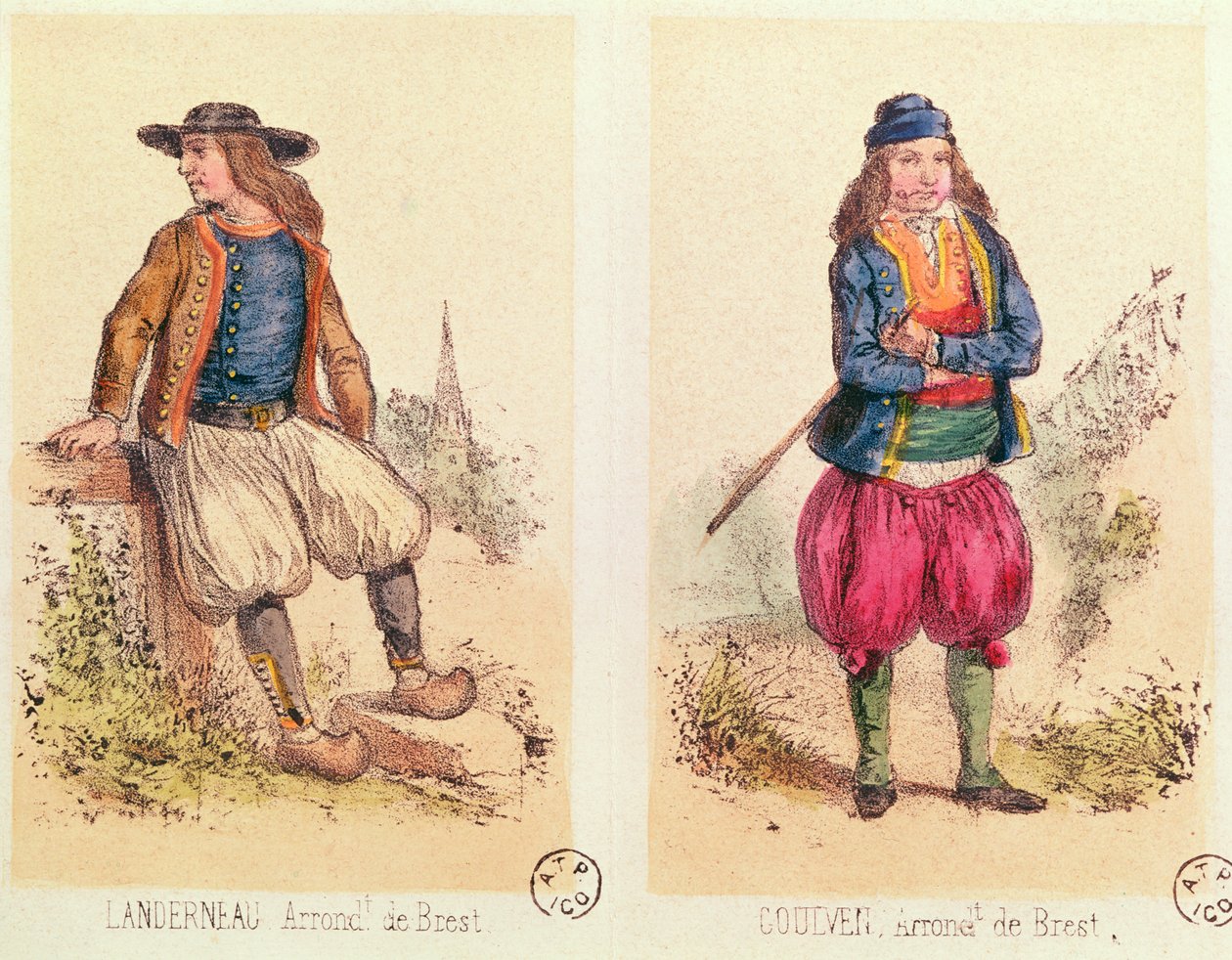 Mandlige kostumer fra Landerneau og Goulven, fra Les Costumes Bretons de Sorrieu af French School