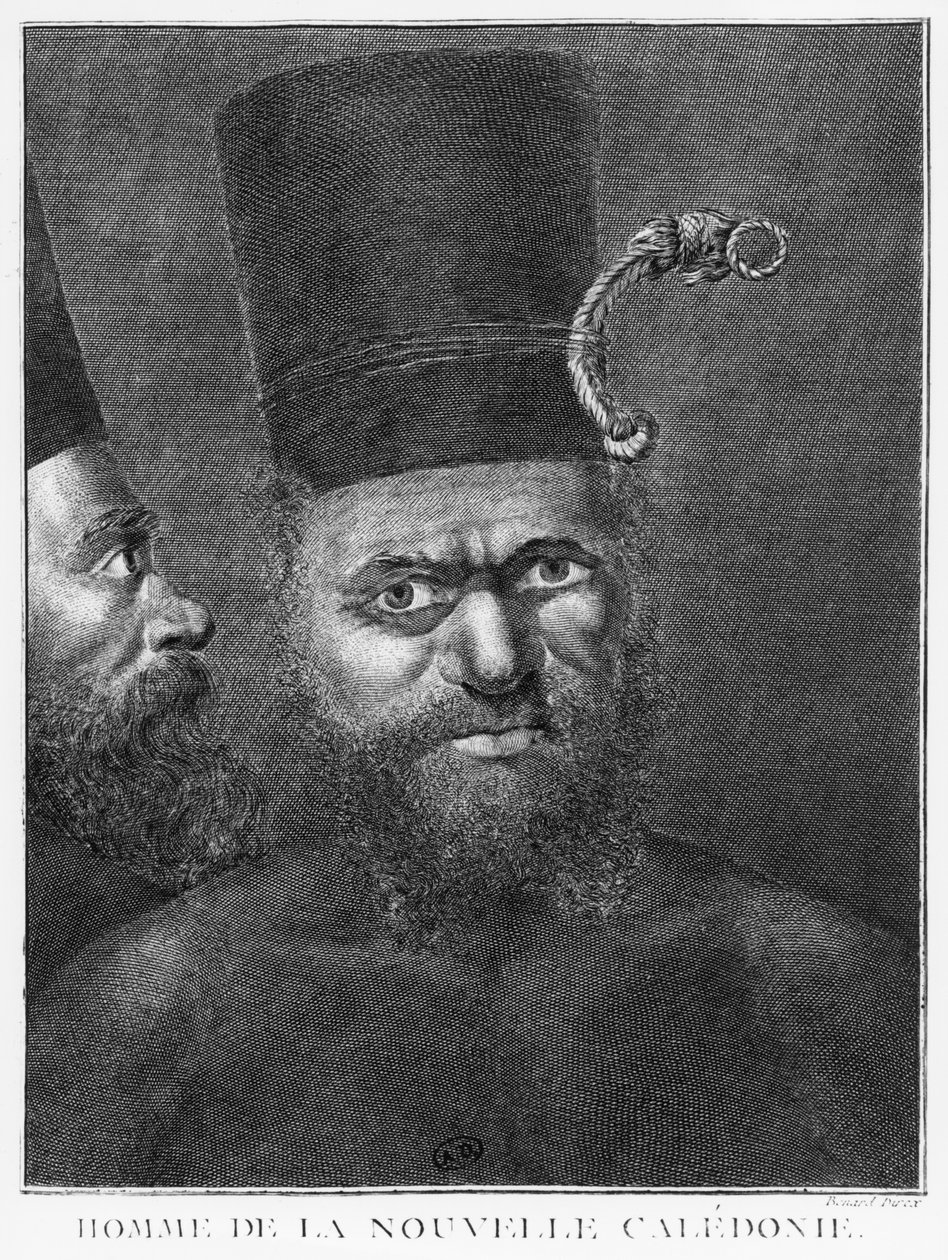 Mand fra Ny Kaledonien, illustration fra kaptajn James Cooks anden rejse, indgraveret af Benard (1700-tallet) 1774 af French School