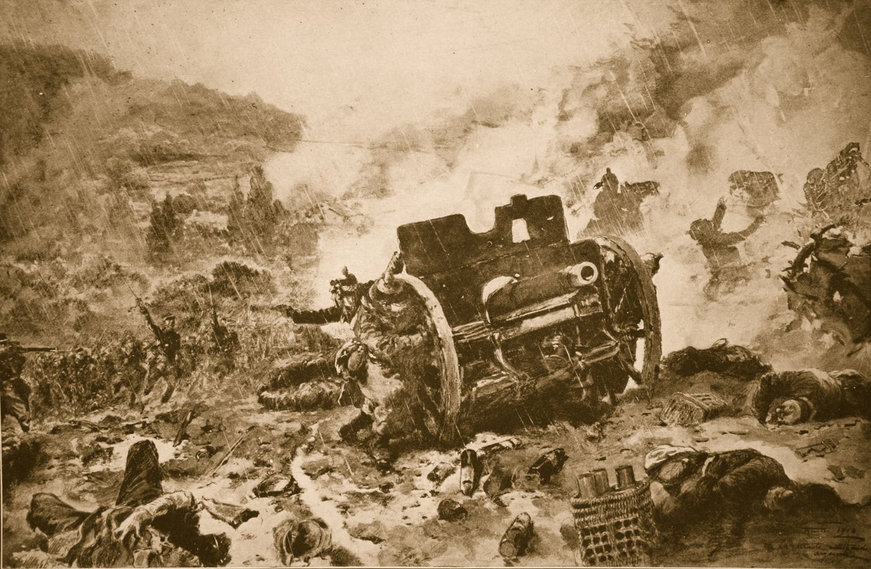 Endelig mand til mand! Fransk infanteri forfølger et flyvende tysk batteri i en regnomgivet dal i Argonne, 1914-19 af French School