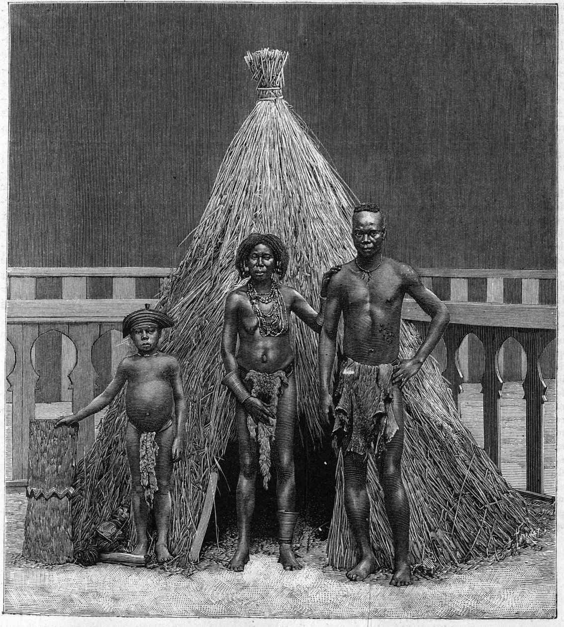 Mand, kvinde og barn af den angolanske trup udstillede i Paris under verdensudstillingen i 1889 (Human Zoo). af French School