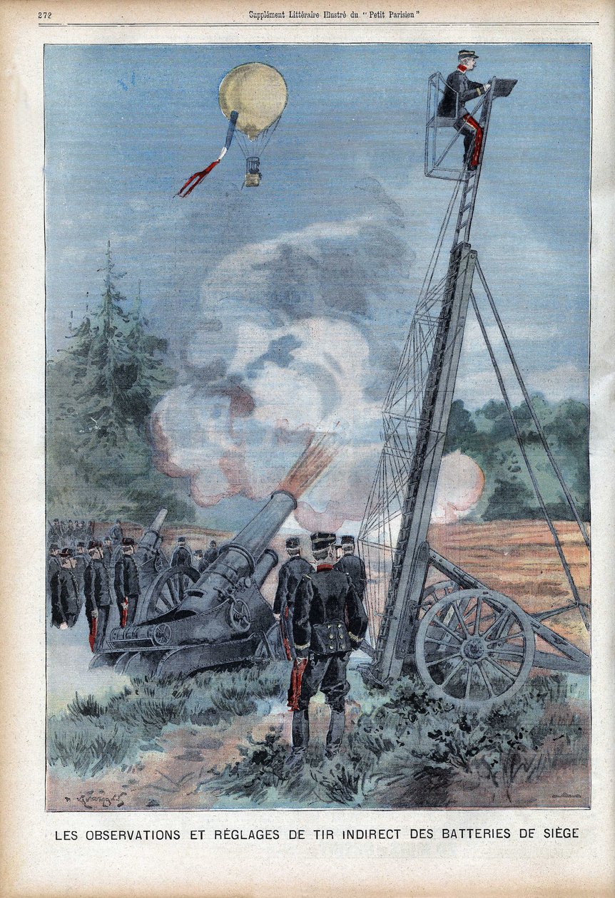 Manøvre og observation af den franske Armee i Langres med en Gugumus-stige for at teste affyringen af kanonerne, i "Le Petit Parisien", den 26/08/1906 (gravering) af French School