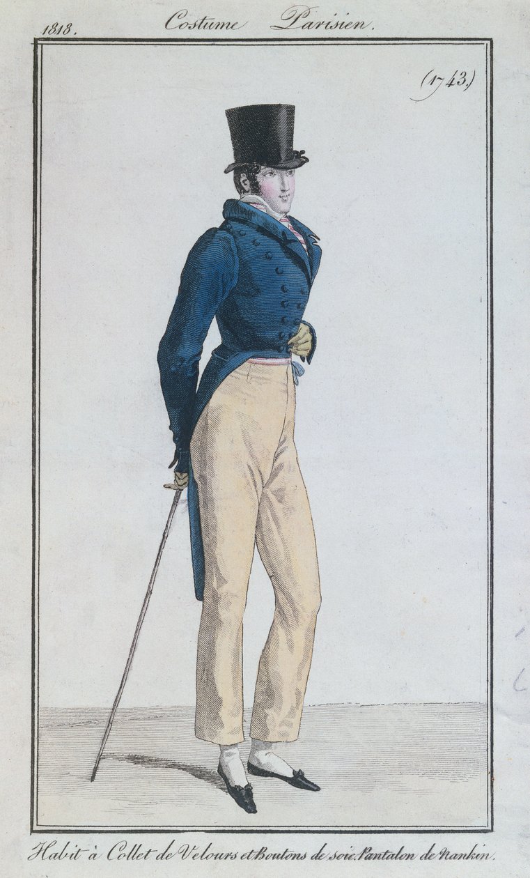 Herredragt med fløjlskrave, silkeknapper og nankeen-bukser, 1816 af French School