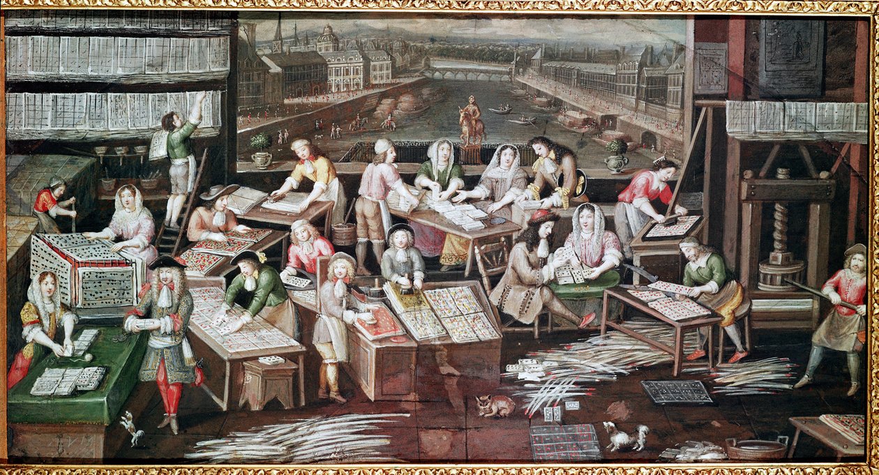 Fremstilling af spillekort i et hus på Place Dauphine (design til fan, gouache på papir, ca. 1680) af French School