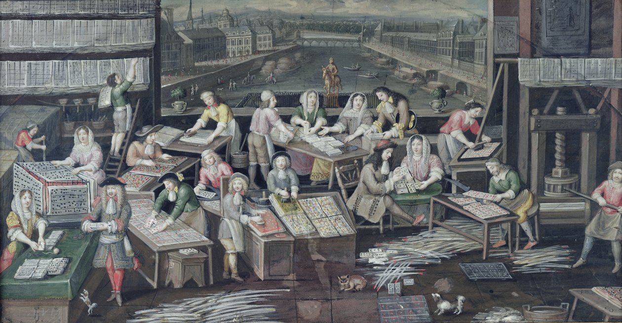 Fremstilling af spillekort i et hus på Place Dauphine, design til en fan, ca. 1680 af French School