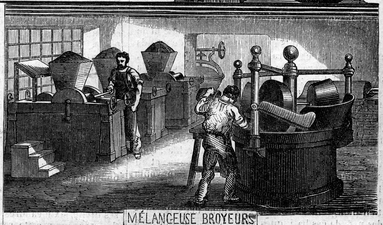 Fremstilling af chokolade: melange og malemaskiner. Usine de M. Masson, Paris af French School