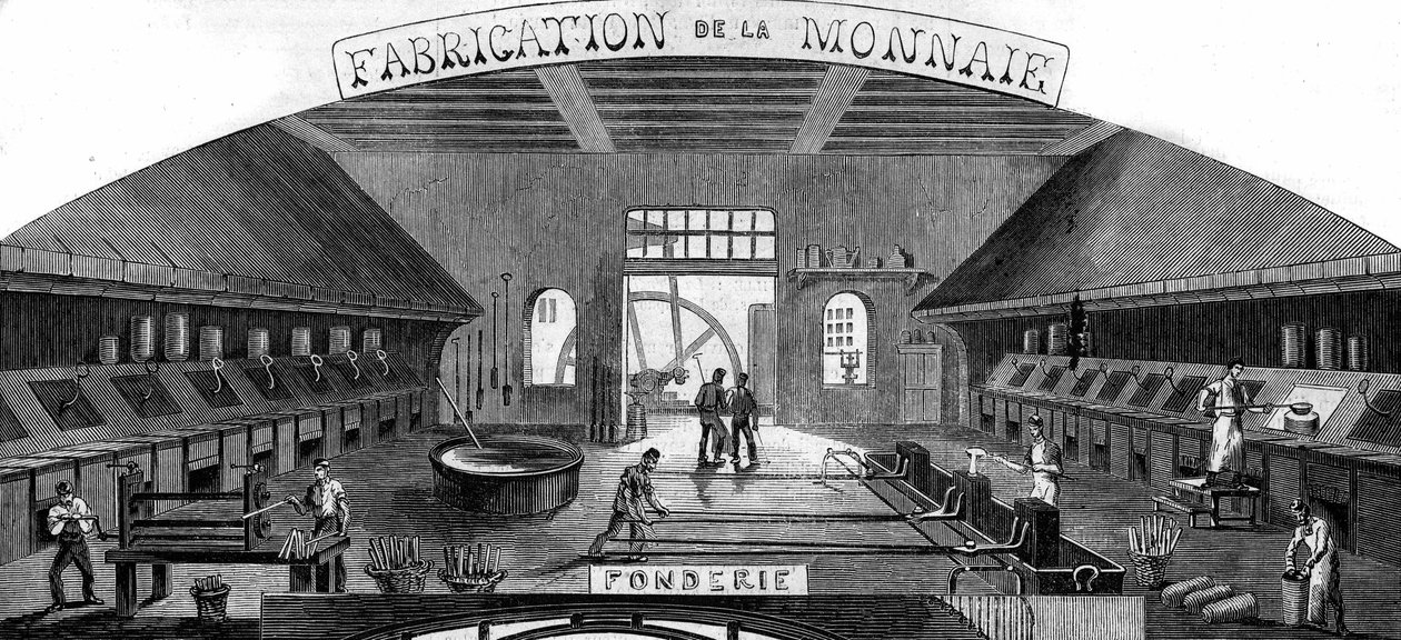 Fremstilling af penge: støberi. Indgravering i "Le Monde Illustré"" nr. 145 af 21. januar 1860. af French School