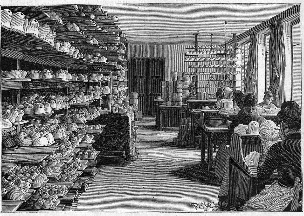 Fremstilling af montreuil-dukker i 1888. Plads til tørring af dukkehoveder inden madlavning og decoupage af øjne. af French School