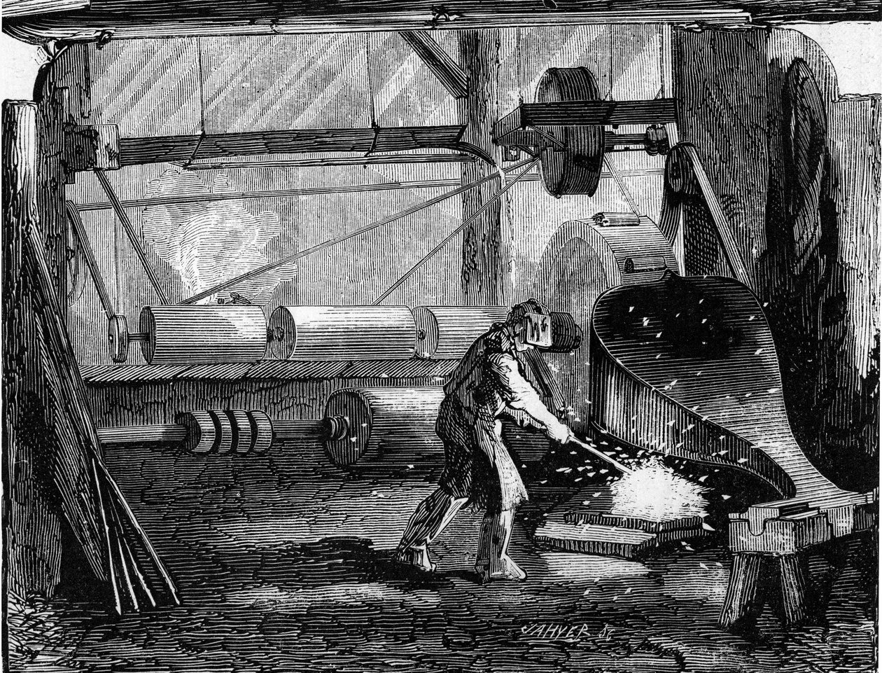 Fremstilling af riffelkanoner: jernstrimlerne er røde blanke. Indgravering i "" Le Monde Illustré"" nr. 35 af 12. december 1857. af French School