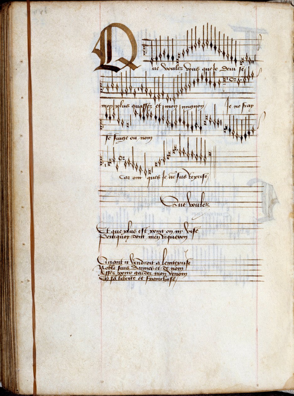 Manuskriptside i en samling af franske sangpartiturer. Det 15. århundrede. Dijon, kommunalt bibliotek af French School