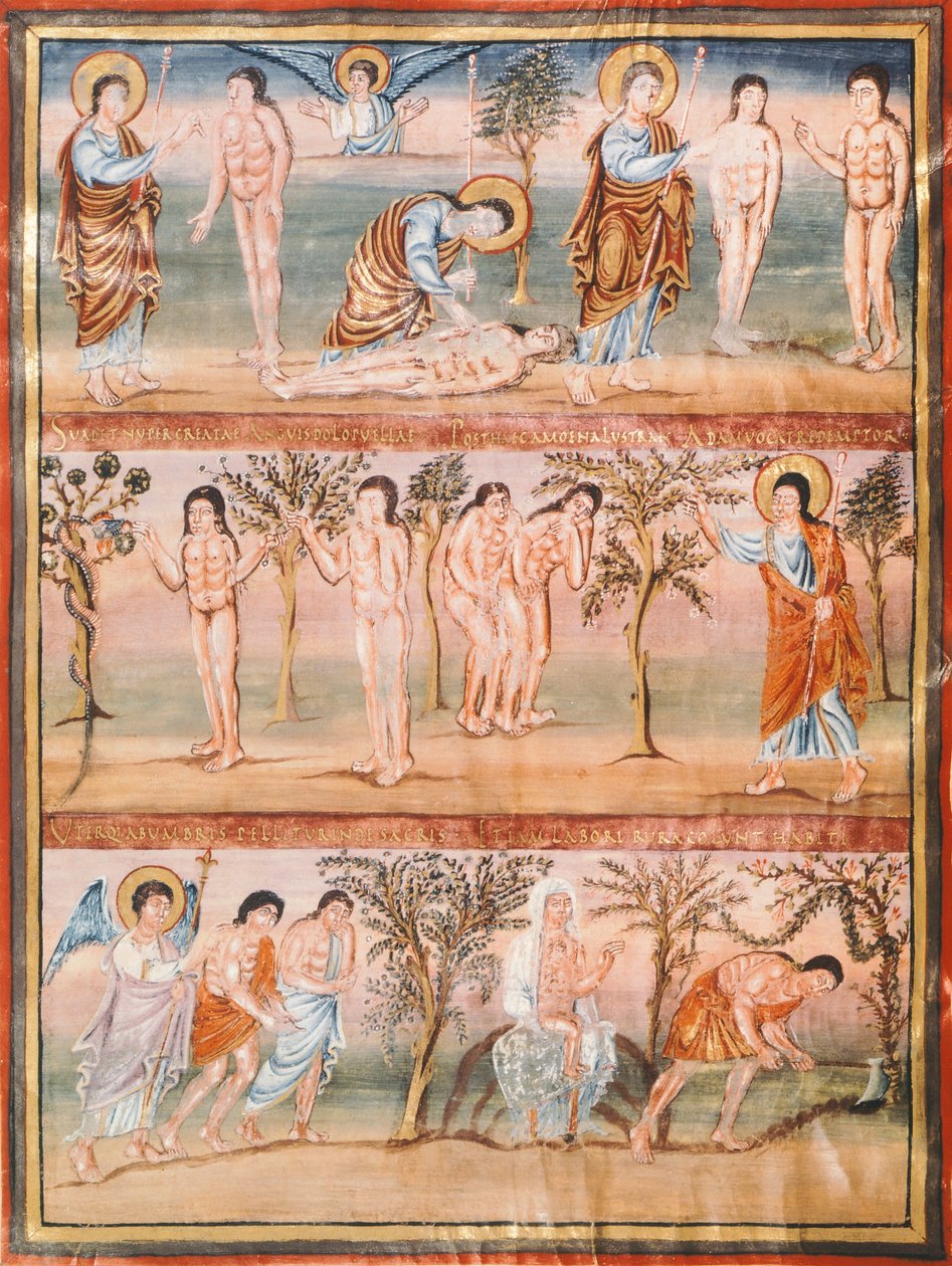 Manuskriptside, der repræsenterer episoder fra Adam og Evas liv: Adams og Evas skabelse. Arvesynden. Udvisning fra paradis (miniature) af French School