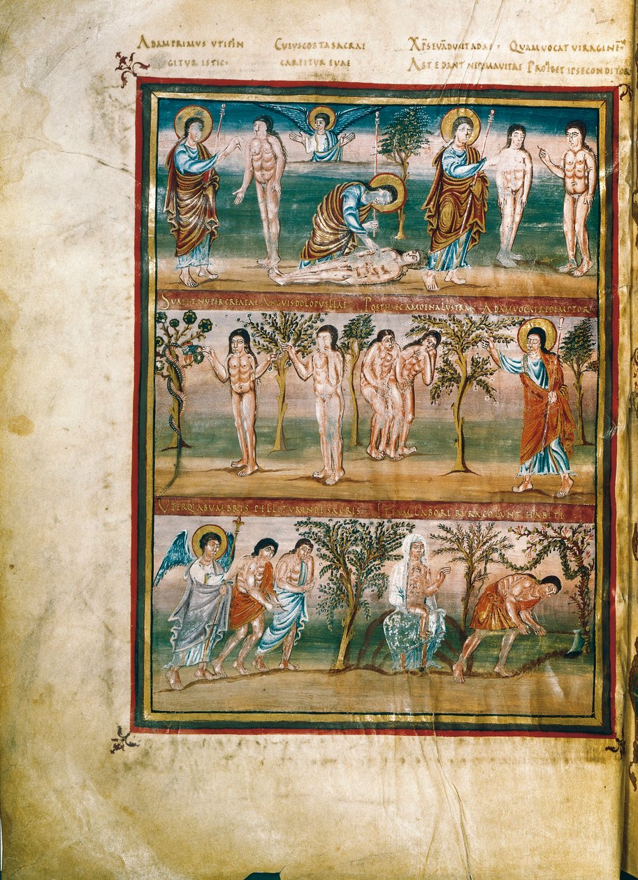 Manuskriptside, der repræsenterer episoder fra Adam og Evas liv: Adams og Evas skabelse. Arvesynden. Udvisning fra paradis (miniature) af French School