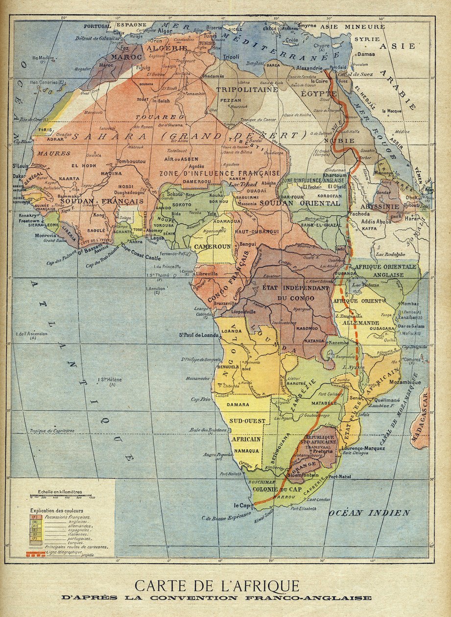 Kort over Afrika efter underskrivelsen af den engelsk-franske aftale af marts 1899 (farve litho) Illustration til Le Petit Journal, 9. april 1899 (gravering) af French School