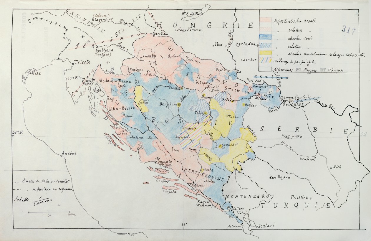 Kort over Bosnien med detaljer om områder besat af etniske minoritetsgrupper, 1910 (pen, blæk & wc) af French School