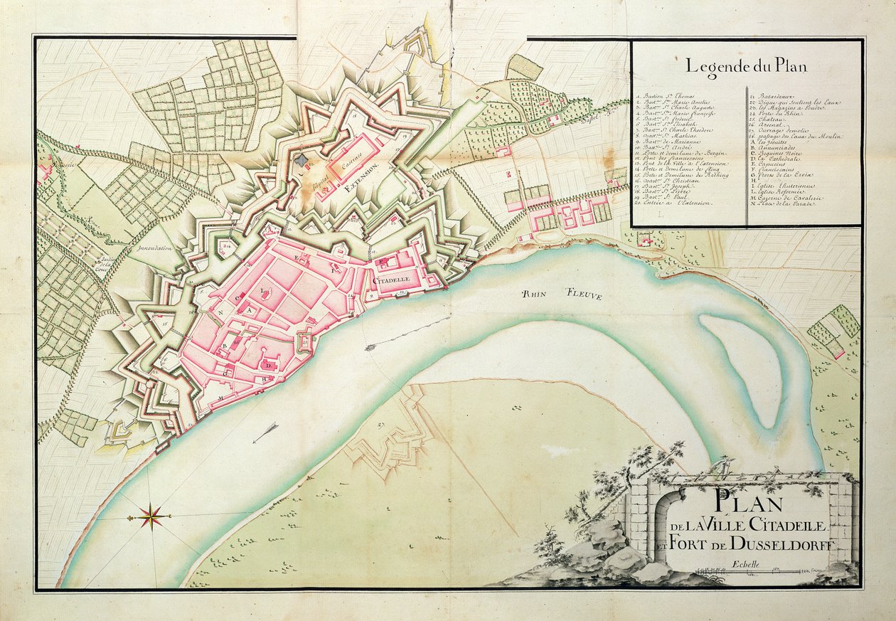Kort over Düsseldorf (pen og blæk på papir) af French School