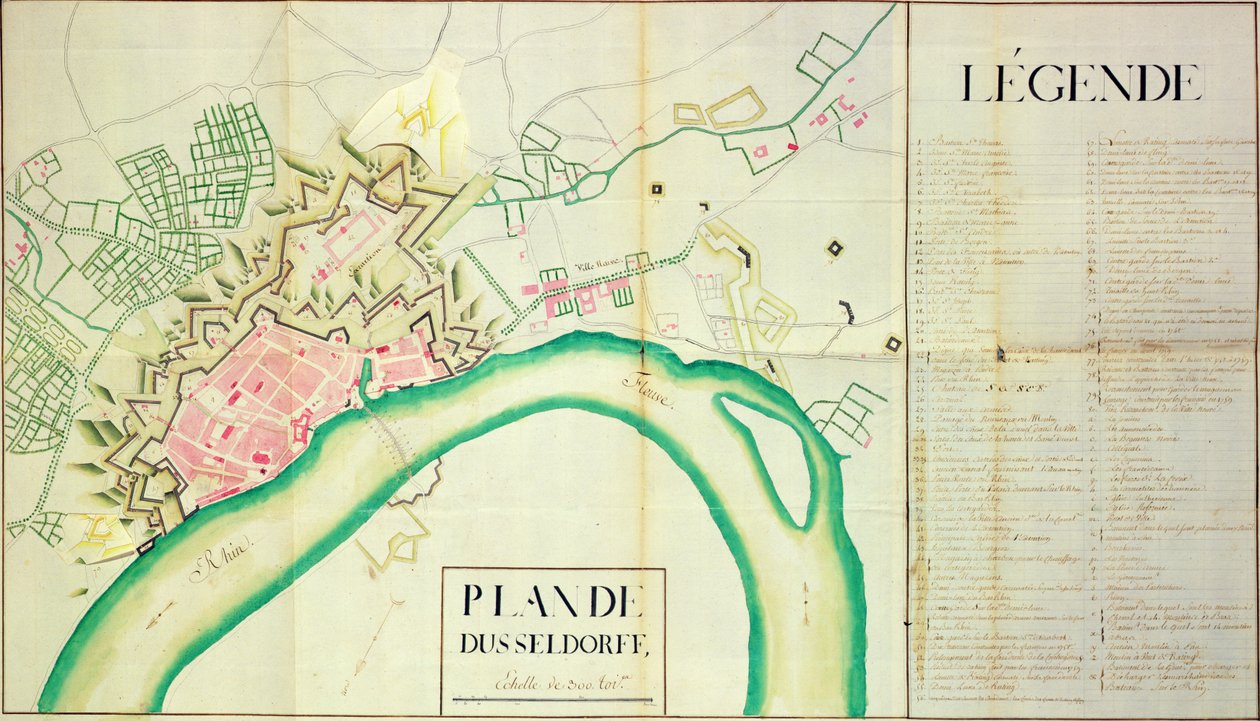Kort over Düsseldorf (pen og blæk på papir) af French School