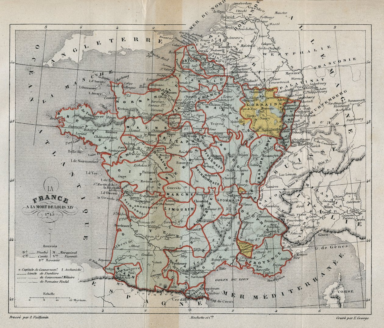 Kort over Frankrig ved Louis XIVs død i 1715 - Plan de La france a la mort de Louis XIV en 1715 - indgravering i "" Histoire de France" af Victor Duruy (1811-1894) - 1882 af French School