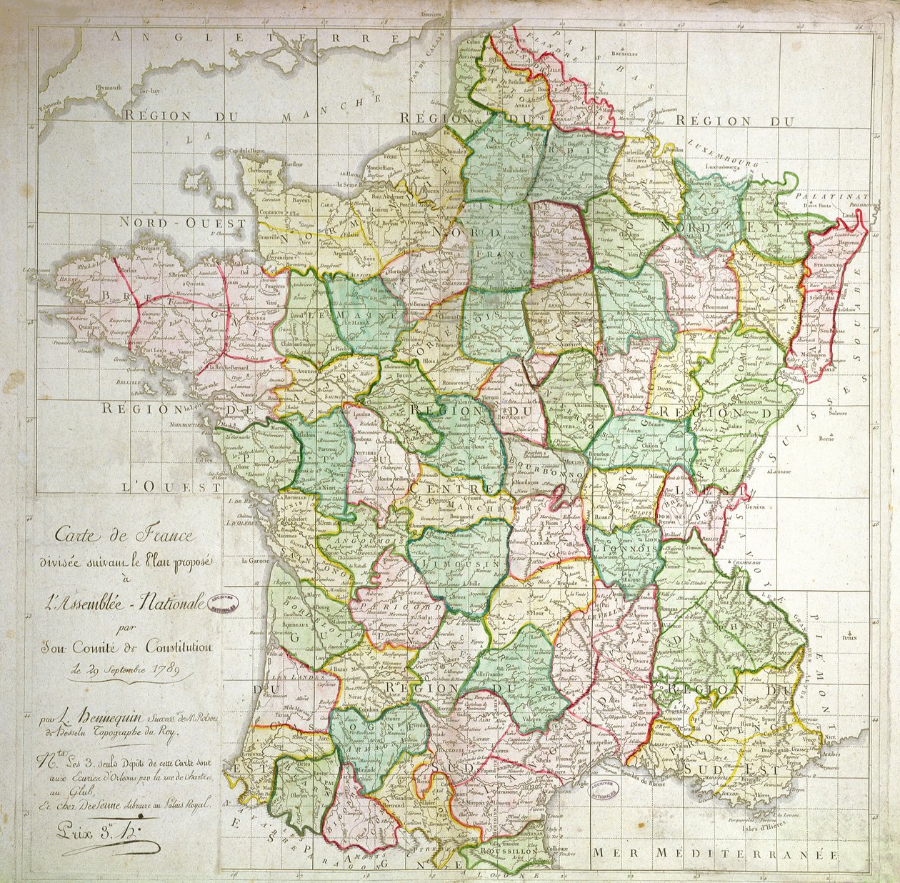 Kort over Frankrig, der viser planer om at opdele afdelinger, 1789 (farve litho og blæk) af French School