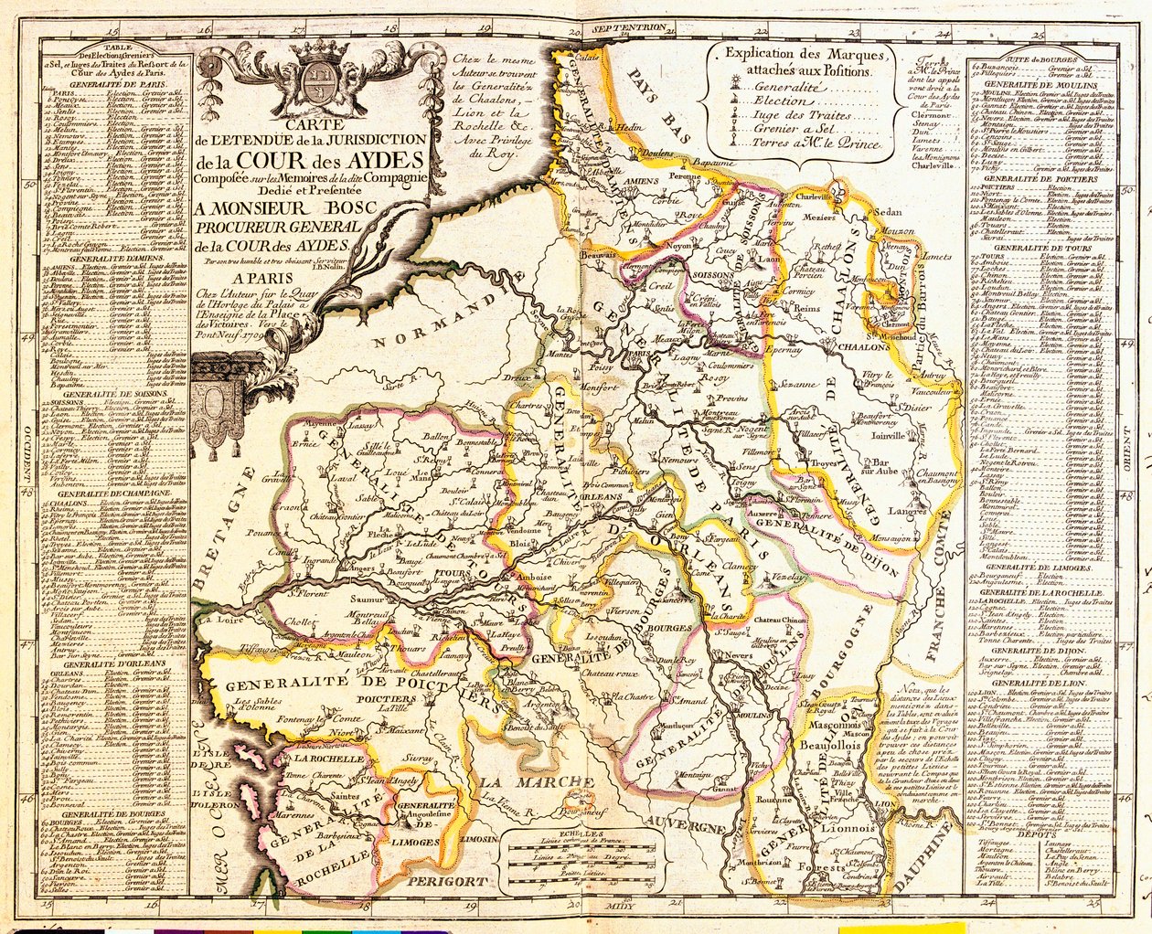 Kort over franske territorier under skat, 1709, fra Le Theatre du Monde af Jean-Baptiste Nolin, udgivet 1717 (håndkoloreret gravering) af French School