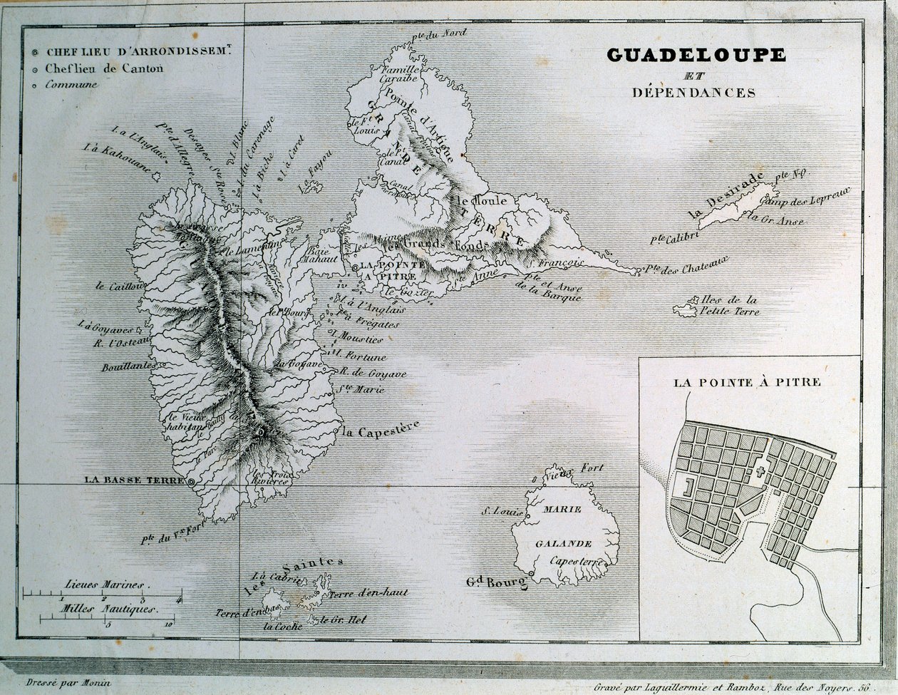 Kort over Guadeloupe og dets afhængigheder. Indgravering af det 19. århundrede. Chartres, Museum of Fine Arts af French School