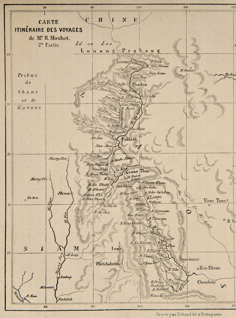 Kort over Laos og Mekong-floden, der viser ruten for Henri Mouhots rejse, illustration fra Rejser i de centrale dele af Indo-Kina (Siam), Cambodja og Laos i årene 1858, 1859, en af French School