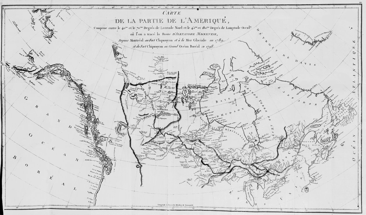 Kort over Nordamerika, plotter Sir Alexander Mackenzies ekspeditioner i 1789 og 1798 til det arktiske hav af French School