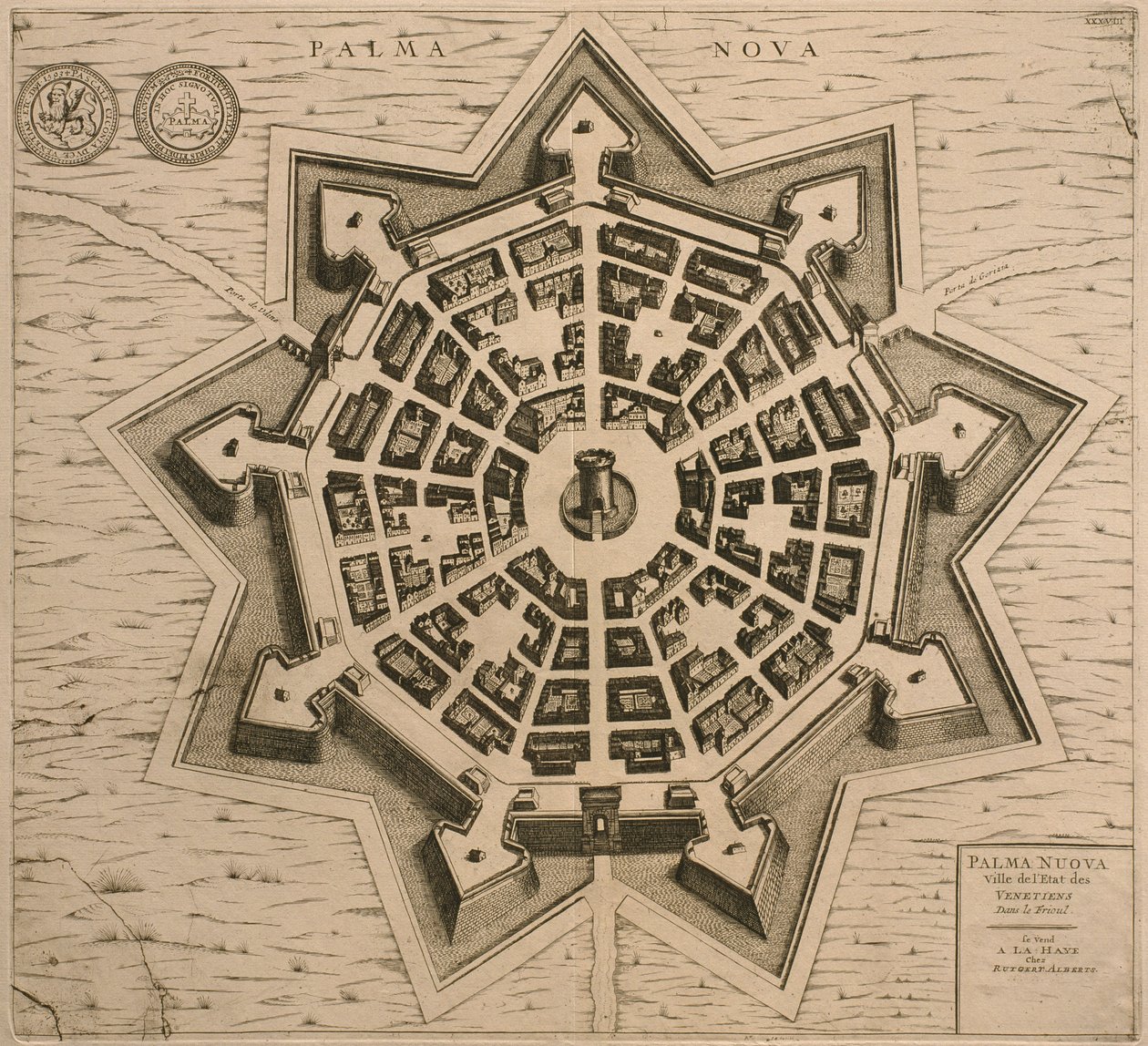 Kort over Palmanova, fra Les Villes de Venetie, 1704, udgivet af Rutgert Alberts i Haag af French School