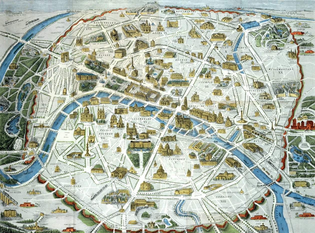 Kort over Paris, der viser byens berømte monumenter, 1882 af French School