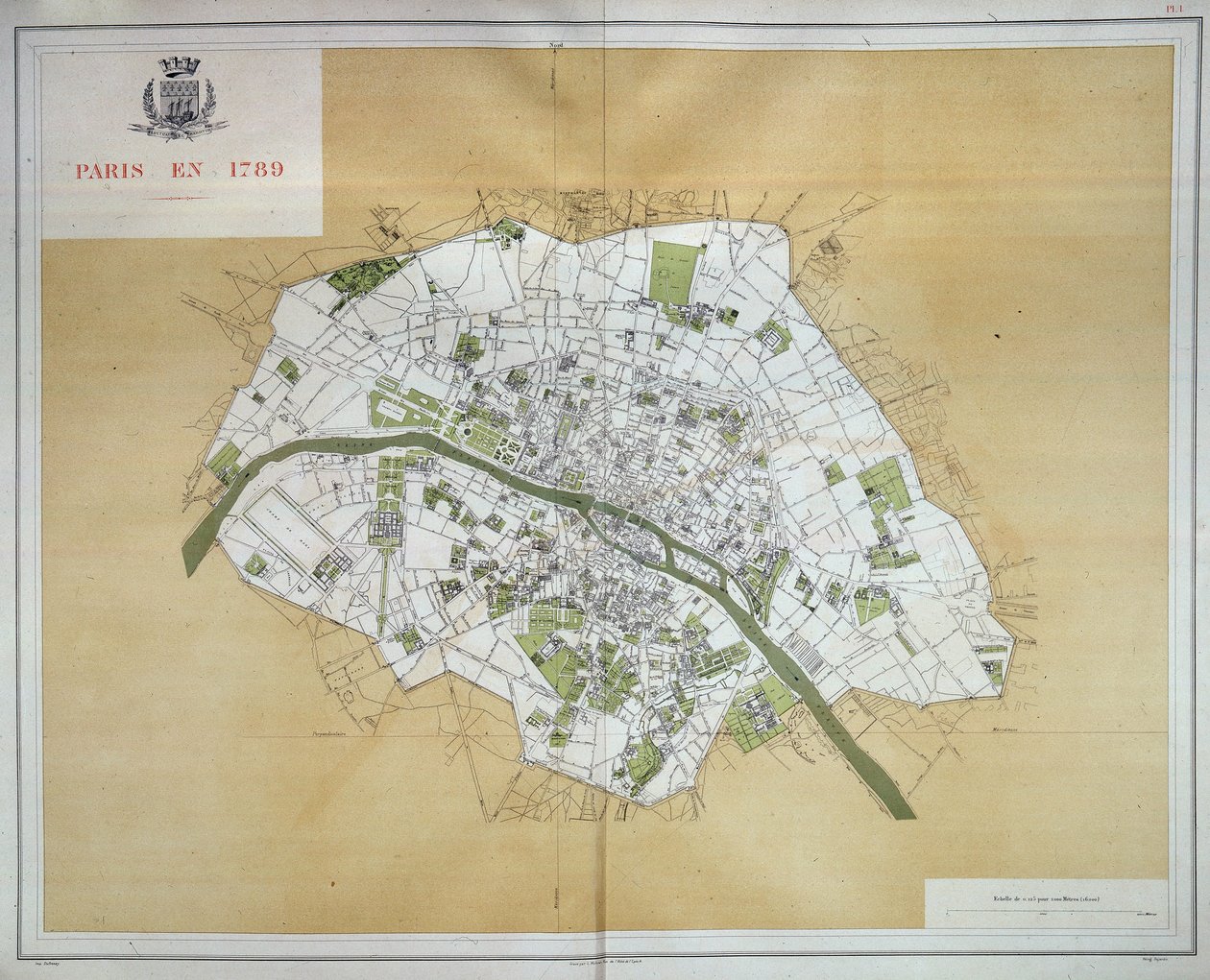 Kort over Paris i 1789, taget fra "Les Travaux de Paris 1789-1889, Atlas", Imprimerie Nouvelle af French School