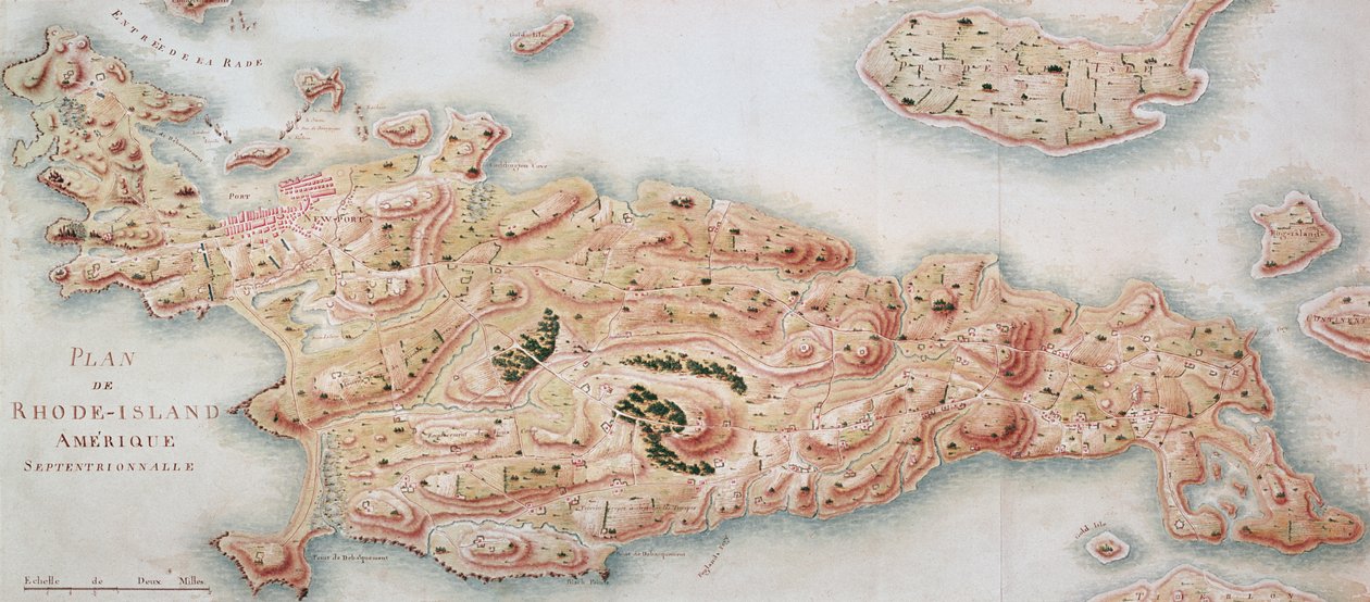 Kort over Rhode Island på tidspunktet for dets besættelse 1780-81 af den franske hær på ordre fra Jean-Baptiste de Vimeur (1725-1807) greve af Rochambeau af French School