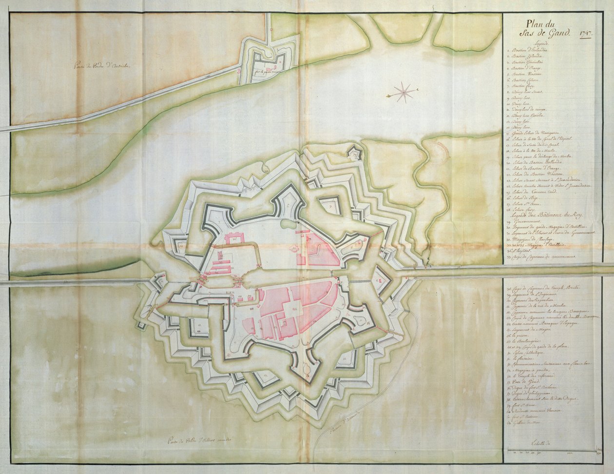 Kort over Sas van Gent, Holland, 1747 (pen, blæk og wc på papir) af French School