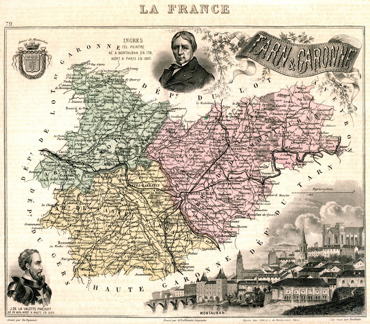 Kort over Tarn-et-Garonne med udsigt over Montauban og portrætter af Ingres og Jean Parisot de La Valette (farve litho) af French School