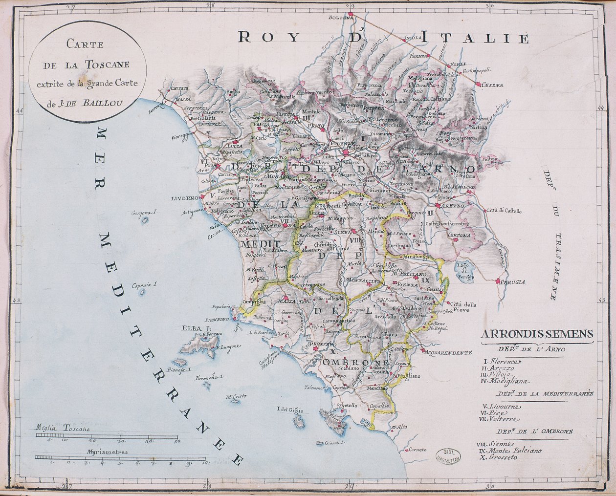 Kort over Toscana, detalje af det store kort over J. de Baillou (blyant, blæk og akvarel på papir) af French School