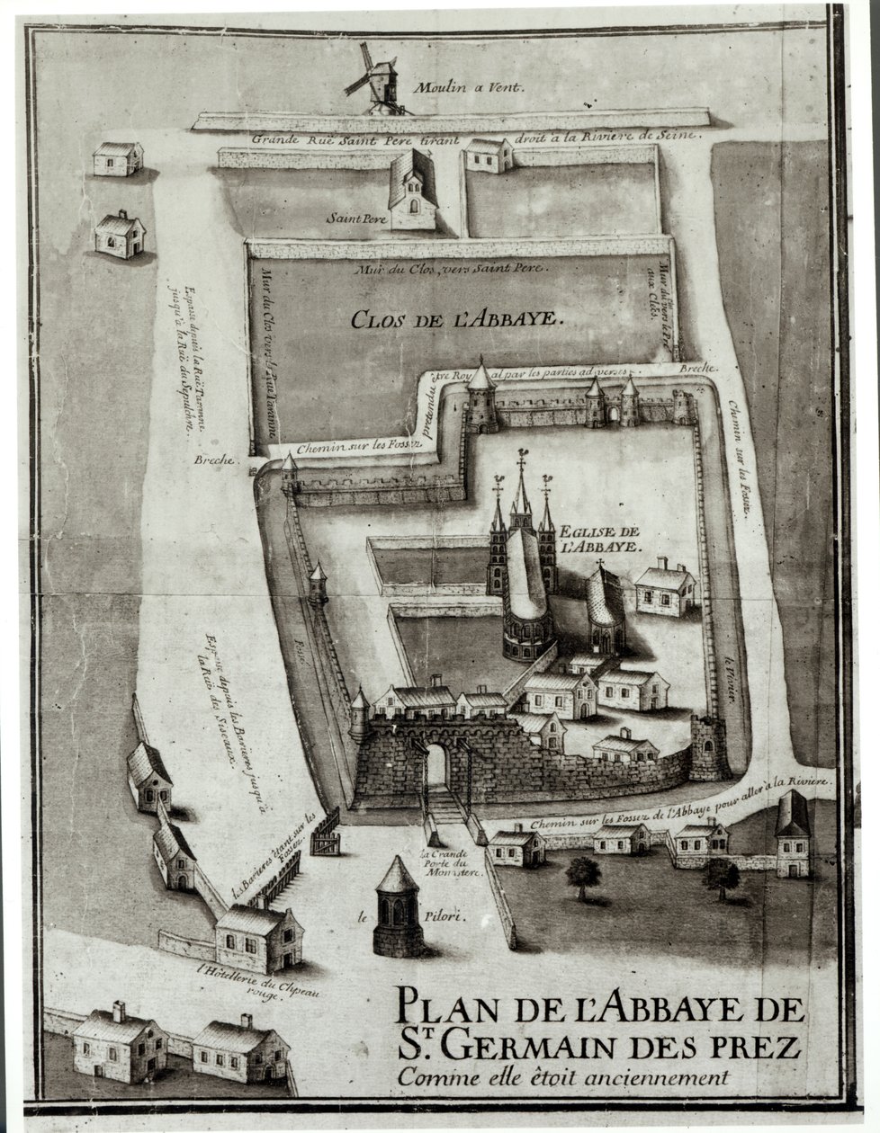 Kort over klosteret Saint-Germain-des-Pres, 1713 (blæk og gouache på papir) af French School