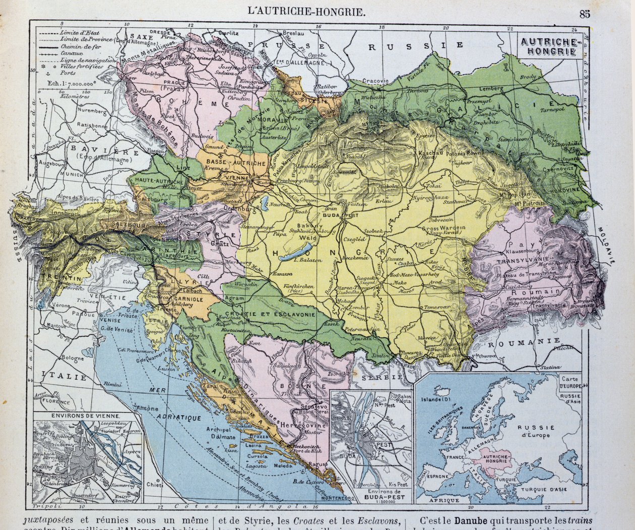 Kort over det østrig-ungarske imperium, illustration fra en fransk geografiskole lærebog, 1905 af French School