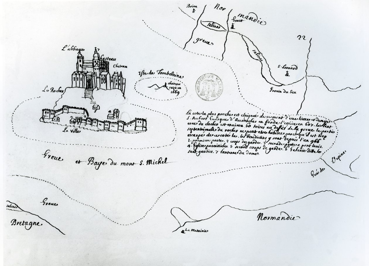 Kort over bugten Mont Saint-Michel (pen og blæk på papir) af French School