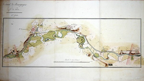 Kort over Canal de Bourgogne, slutningen af det 18. århundrede (akvarel på papir) af French School