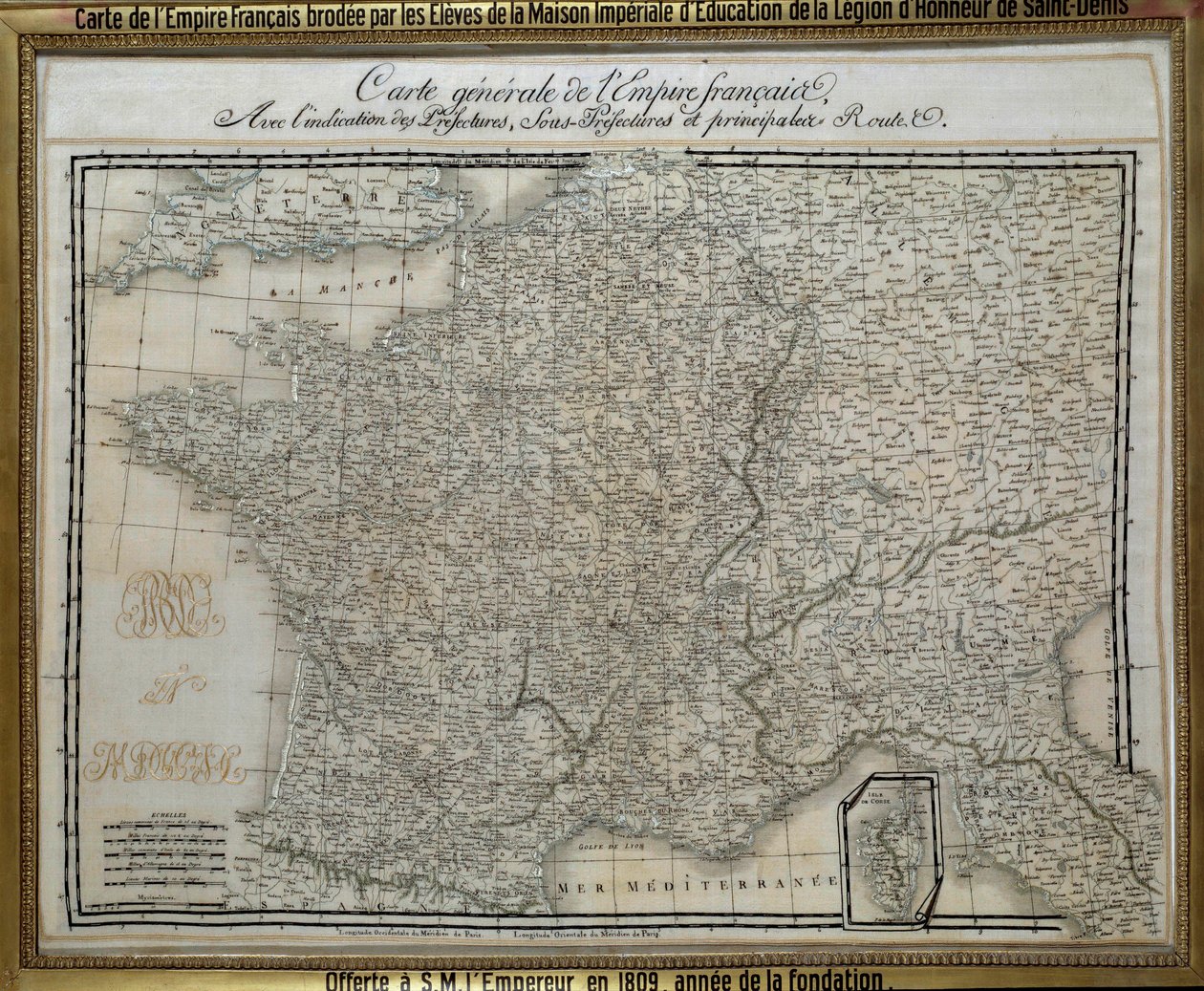 Kort over det franske imperium (det første kejserrige) broderet af eleverne fra det imperiale hus i Æreslegionen i Saint Denis. Broderibillede fra 1809. Ile d