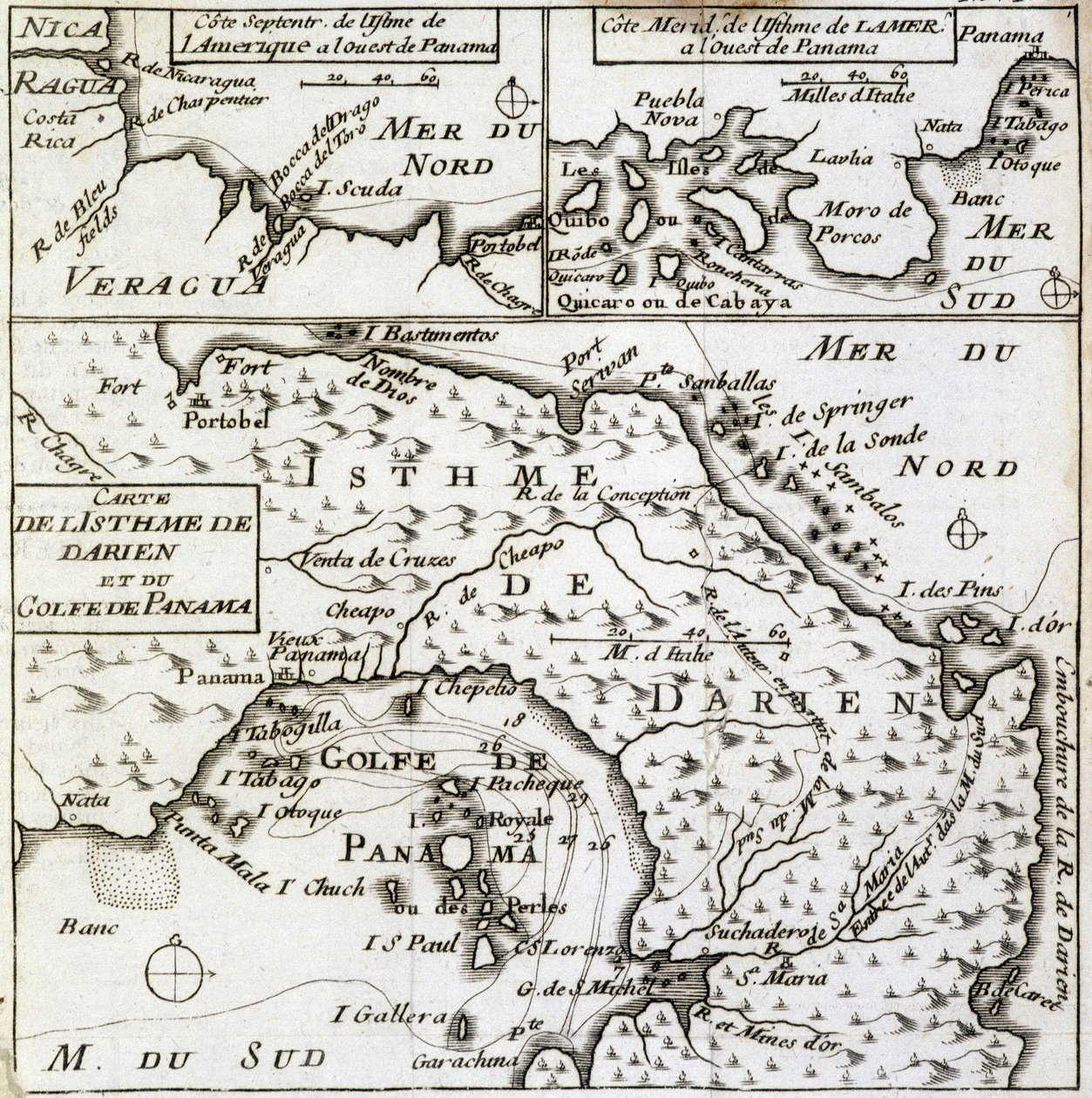 Kort over Isthmus of Darien og Panamabugten i "" New Journey Around the World"" af Guillaume Dampier (William Dampier) af French School