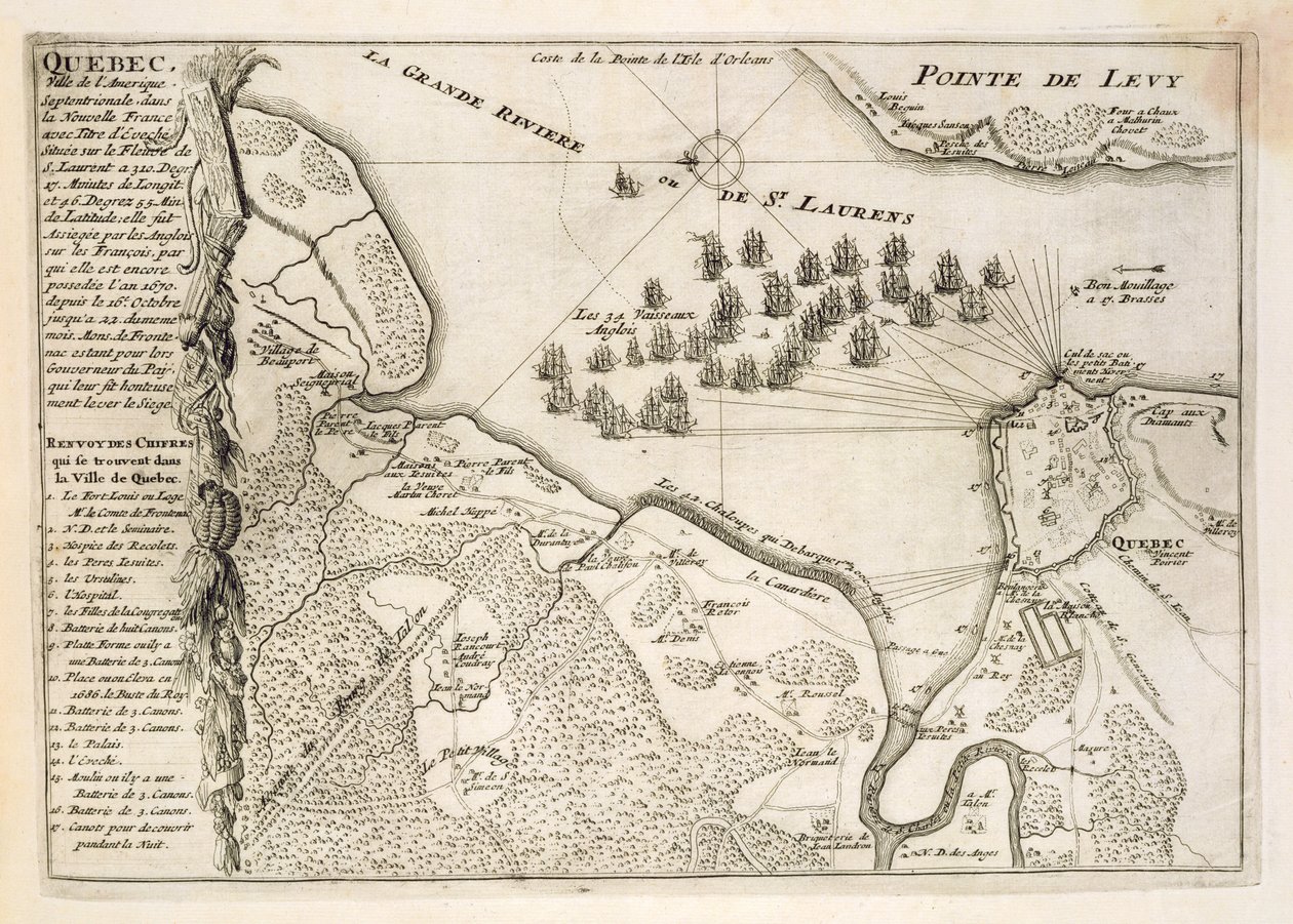 Kort over belejringen af Quebec af den britiske flåde, 1670 af French School