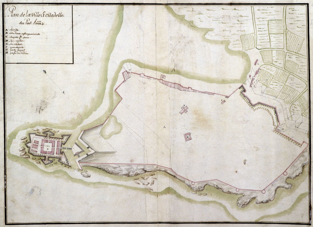 Kort over byen og citadellet i Port Louis af French School