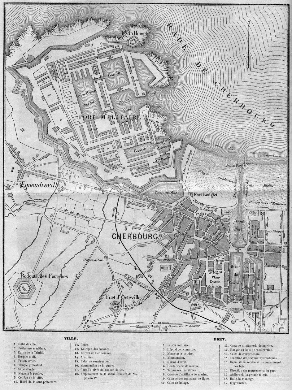 Kort over byen og havnen i Cherbourg, Manche (50) af French School