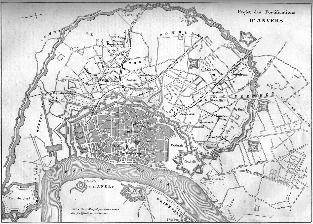 Kort over byen Antwerpen (Belgien) i 1859; som repræsenterer projektet med de nye fæstningsværker. Indgravering i "" Le Monde Illustré"" nr. 128 af 24. september af French School