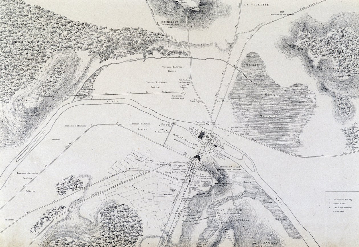 Kort over byen Lutèce (Lutetia Parisorium i dag Paris) og dens omgivelser lavet i 1882. af French School