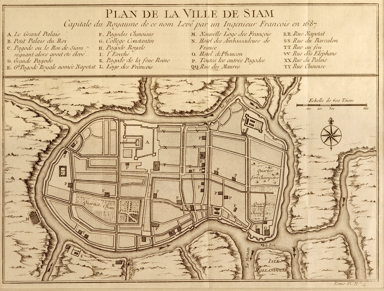 Kort over byen Siam, hovedstaden i kongeriget med det navn efter en undersøgelse foretaget af en fransk ingeniør i 1687, offentliggjort i 1751-udgaven af Histoire Generale des Voyages af Antoine Prevost af French School