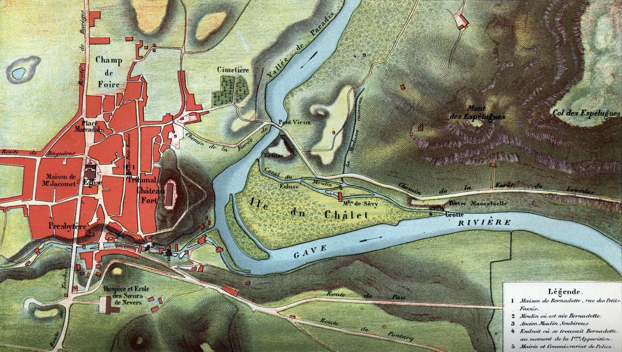 Kort over landet Lourdes i 1858, år for Bernadette Soubirous visioner: det viser placeringen af hendes hus og hulen. Høje Pyrenæer (65). Kromolitografi i "" Notre Dame de Lourdes"" af Henri Lasserre af French School