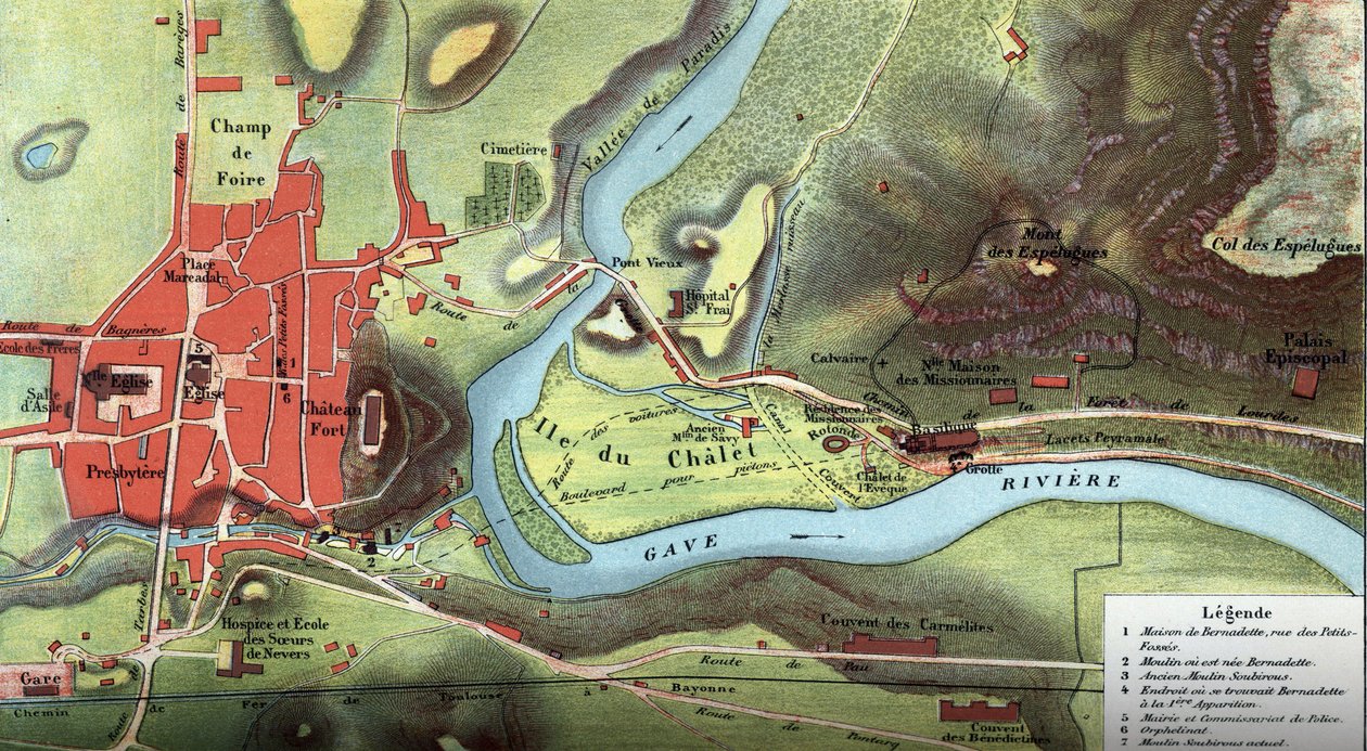 Kort over landet Lourdes i 1877: det viser placeringen af Bernadette Soubirous