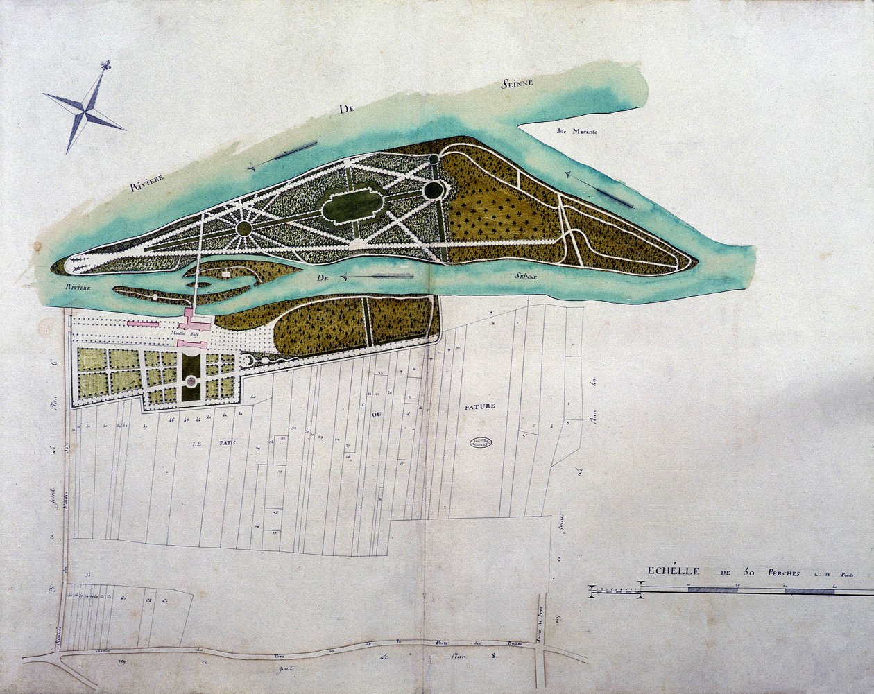 Kort over haven i Moulin Joly. Plade med atlas over planer for Colombes territorium (1780), bevaret i nationalarkivet. af French School